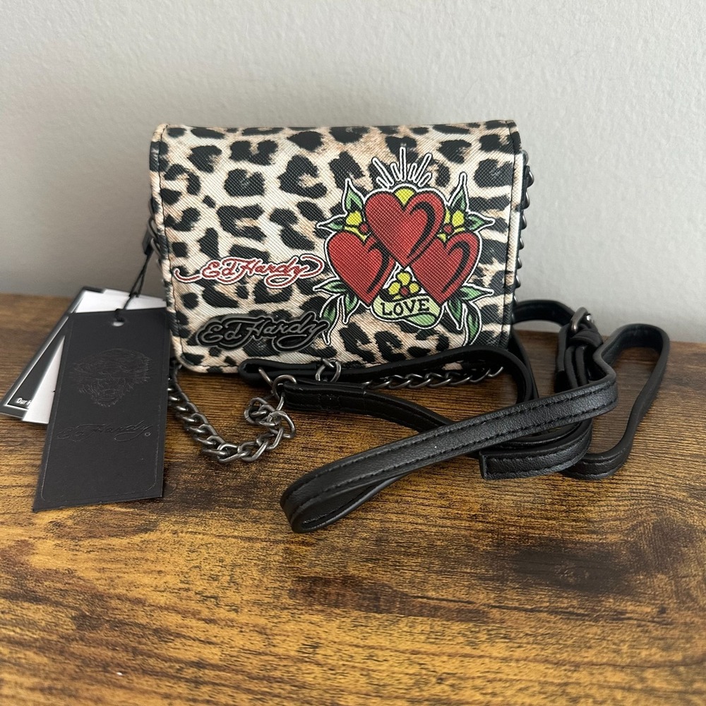New Ed Hardy Leopard Mini Crossbody Handbag Red Heart Love Black Cute Gothic